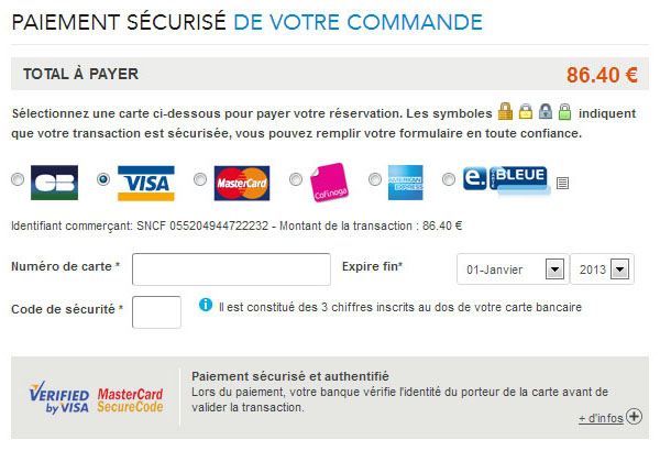 Moyens de paiement sur Voyages SNCF