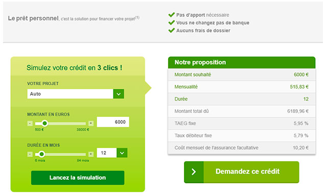 Simulation de prêt personnel Banque Casino